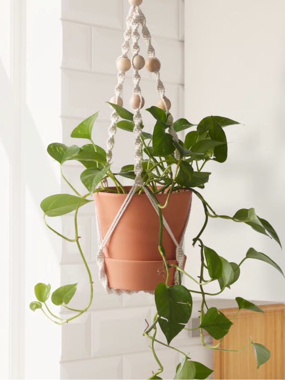 NIB IKEA ANVÄNDBAR Cream Macramé Plant Hanger with Wooden Beads